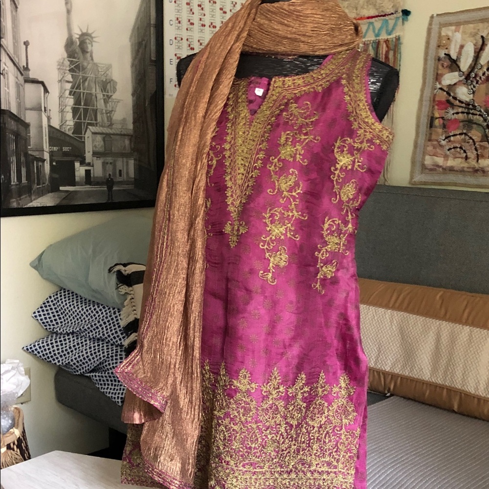 Magenta & Gold Embroidered Salwar Kameez Set